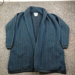 Aran Crafts Sweater Merino Wool Cable Knit Open Front Cardigan Blue Womens Large